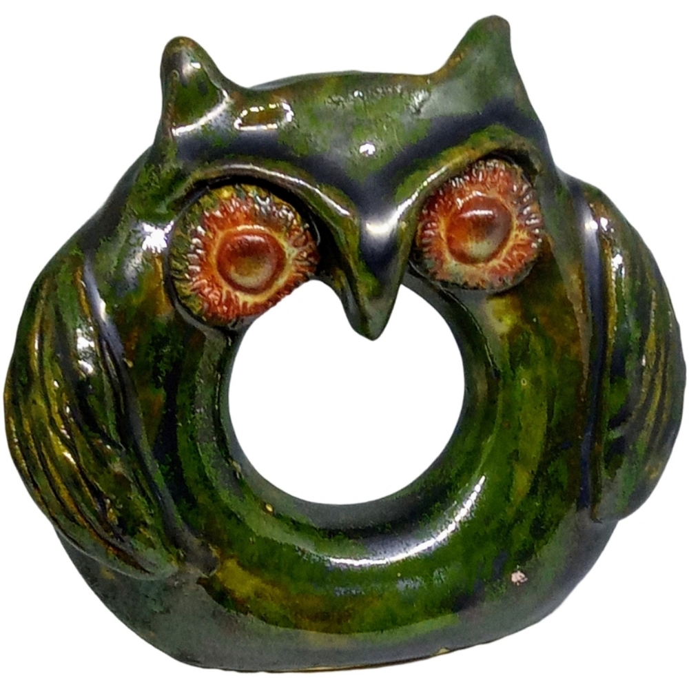 Vintage ceramic owl that is green with beautiful detail handmade piece